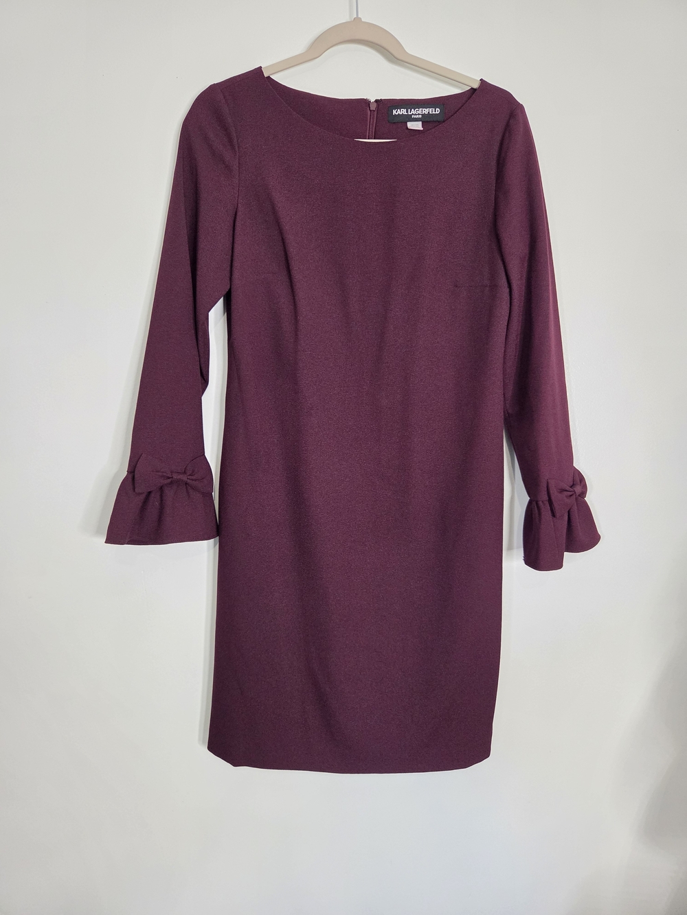 Karl Lagerfeld Paris Plum Eggplant Crepe Bow Bell Sleeve Sheath Dress Size 6